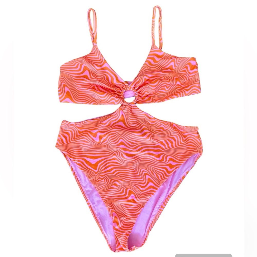 H&M Orange and Pink Swirl Cutout One-Piece Swimsuit